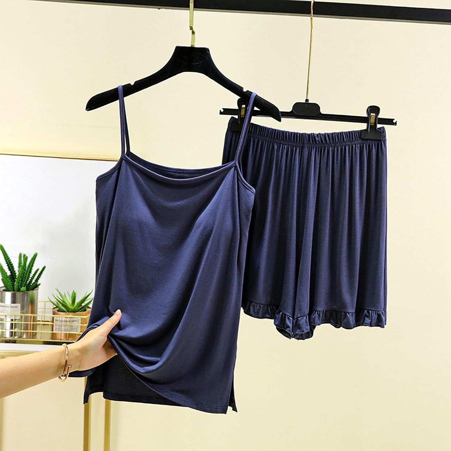 Suspender Short Home Suit for Women Fashion Loose Fit Lightweight Pajama Sets Elegant Casual Ruffle 2 Piece Pjs