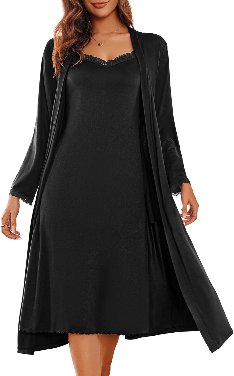 Women's Sexy Nightgown with Robes Set 2 Piece Lace Full Length Knit Soft Nightwear Lightweight Bathrobes S-XXL
