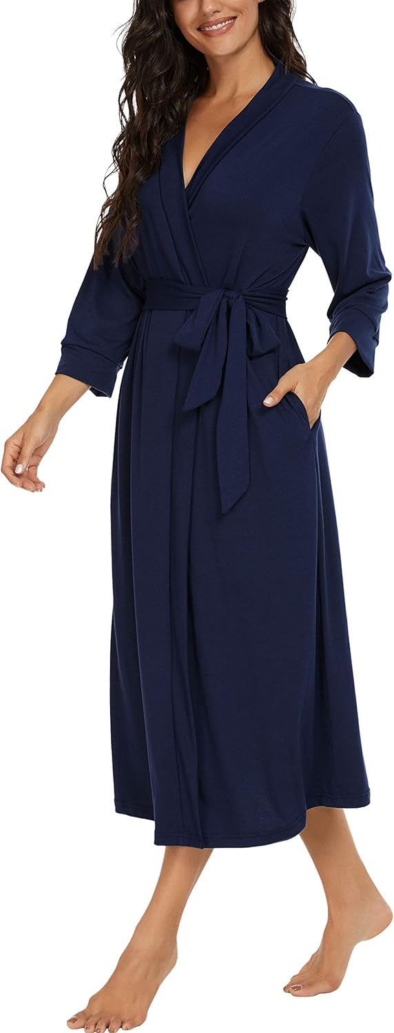 Women Kimono Robes Long Knit Bathrobe Lightweight Soft Knit Sleepwear V-neck Casual Ladies Loungewear