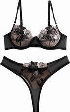 Sexy Floral Embroidered Flower Mesh Underwire Push Up Lingerie Set
