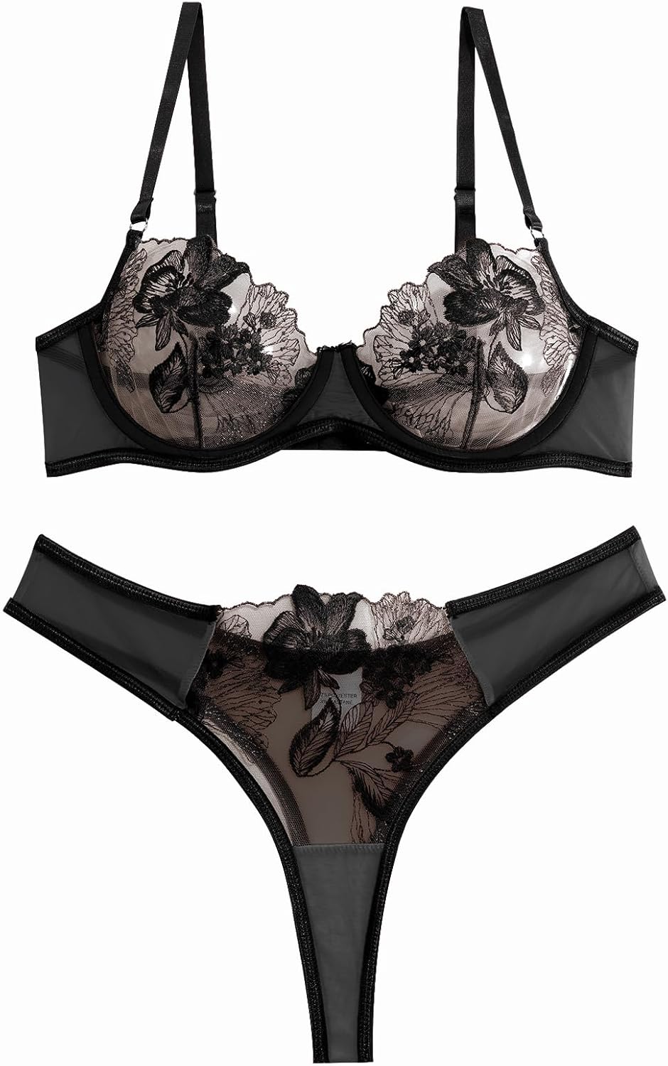 Sexy Floral Embroidered Flower Mesh Underwire Push Up Lingerie Set