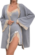 Women's 2 Piece Robe Set Lace Trim Cami Nightgown and Long Sleeve Kimono Pajama Sets
