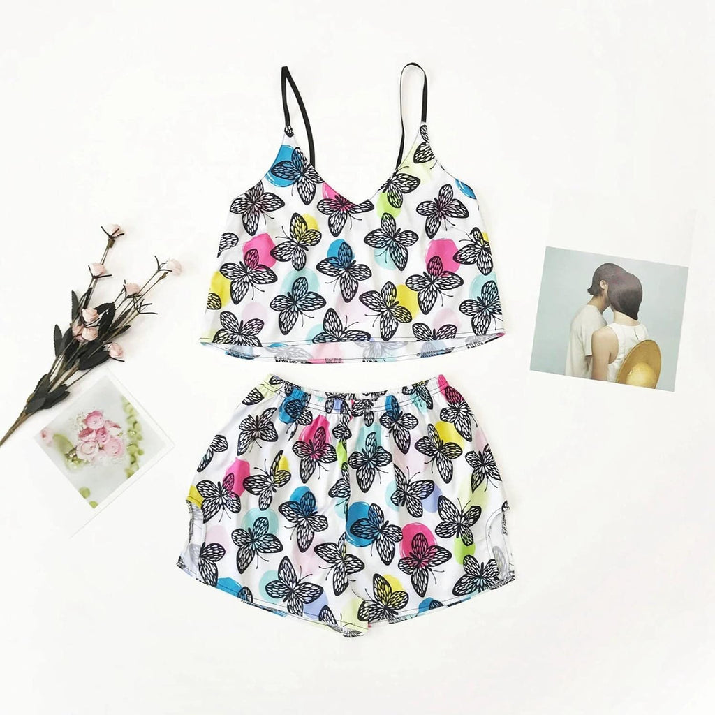 Women's Suspender Vest Shorts Two Piece Set Women's Ice Silk Pajamas Cartoon Pattern Printed Home Womens Sleep