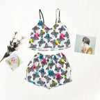 Women's Suspender Vest Shorts Two Piece Set Women's Ice Silk Pajamas Cartoon Pattern Printed Home Womens Sleep
