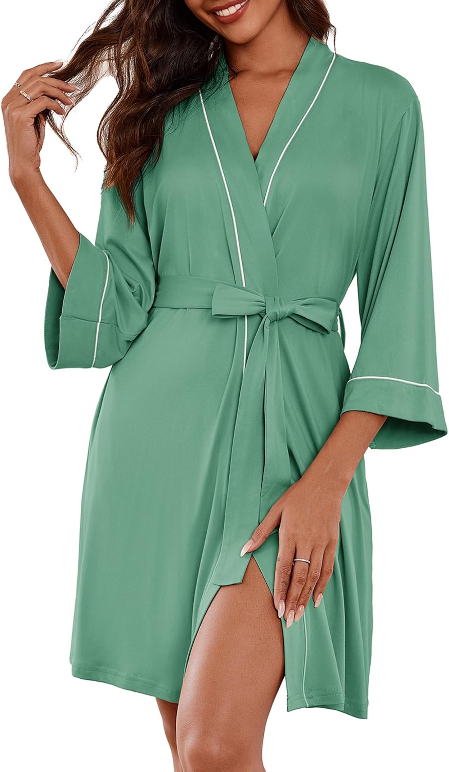 Women Kimono Robes Knee Length Knit Bathrobe Lightweight Soft Sleepwear V-neck Casual Ladies Loungewear