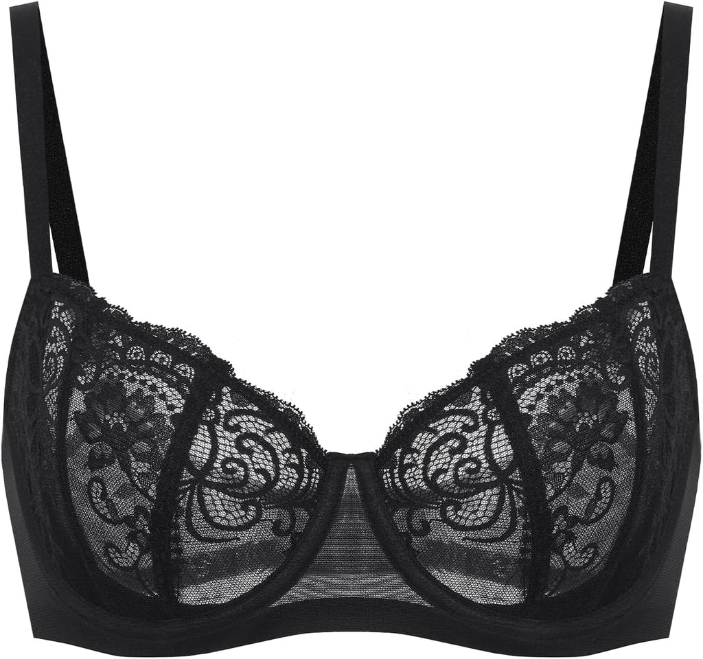 Women's Balconette Lace Bra Plus Size Sexy See Through Unlined Underwire Bras