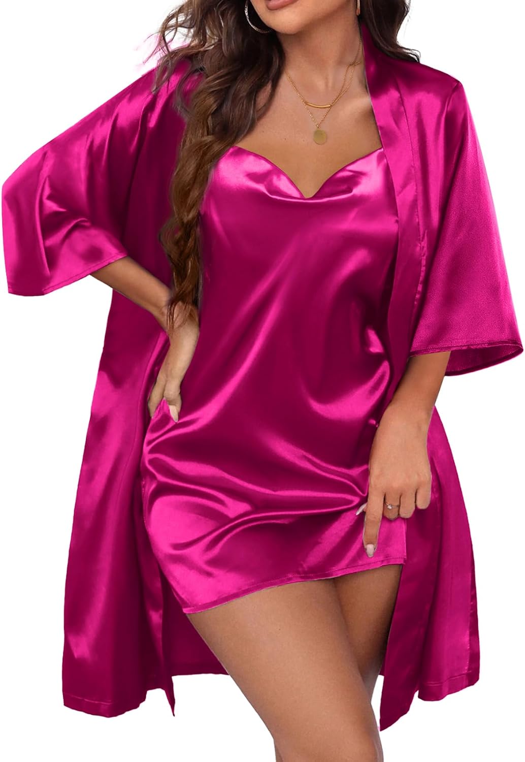 Women's Satin Robe Set Nightgown with Robes Silk Pajama Set 2 Pieces Lingerie Cowl Neck Cami Sleepwear Sets