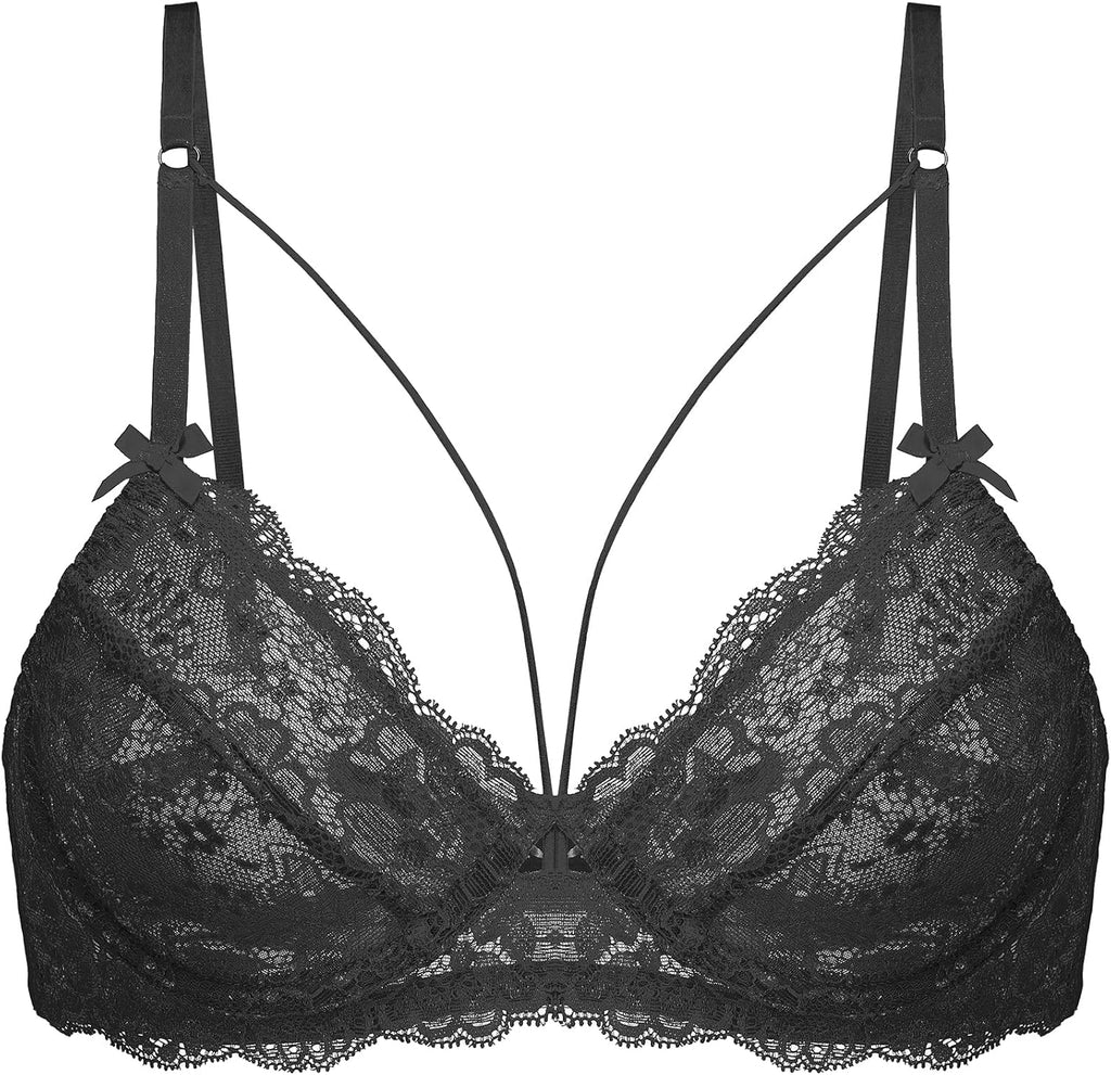 Women's Sexy Lace Bra Sheer Balconette Unlined Underwire Strappy Bras Everyday Bras