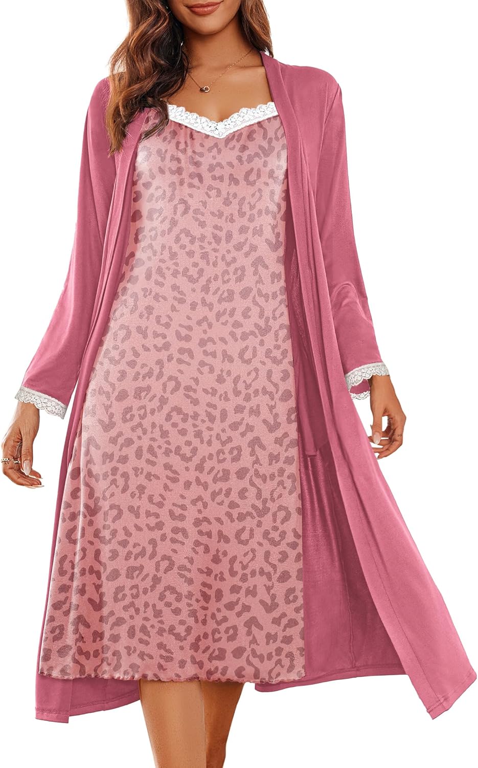 Women's Sexy Nightgown with Robes Set 2 Piece Lace Full Length Knit Soft Nightwear Lightweight Bathrobes S-XXL