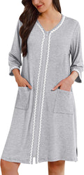 Zipper Robes for Women 3/4 Sleeves Lightweight House Coat Zip Up Bathrobe Soft Nightgown with Pockets S-3XL