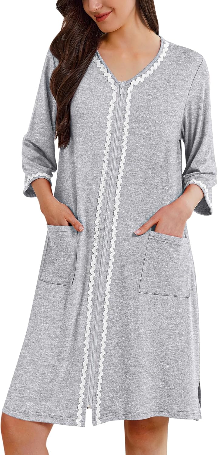 Zipper Robes for Women 3/4 Sleeves Lightweight House Coat Zip Up Bathrobe Soft Nightgown with Pockets S-3XL