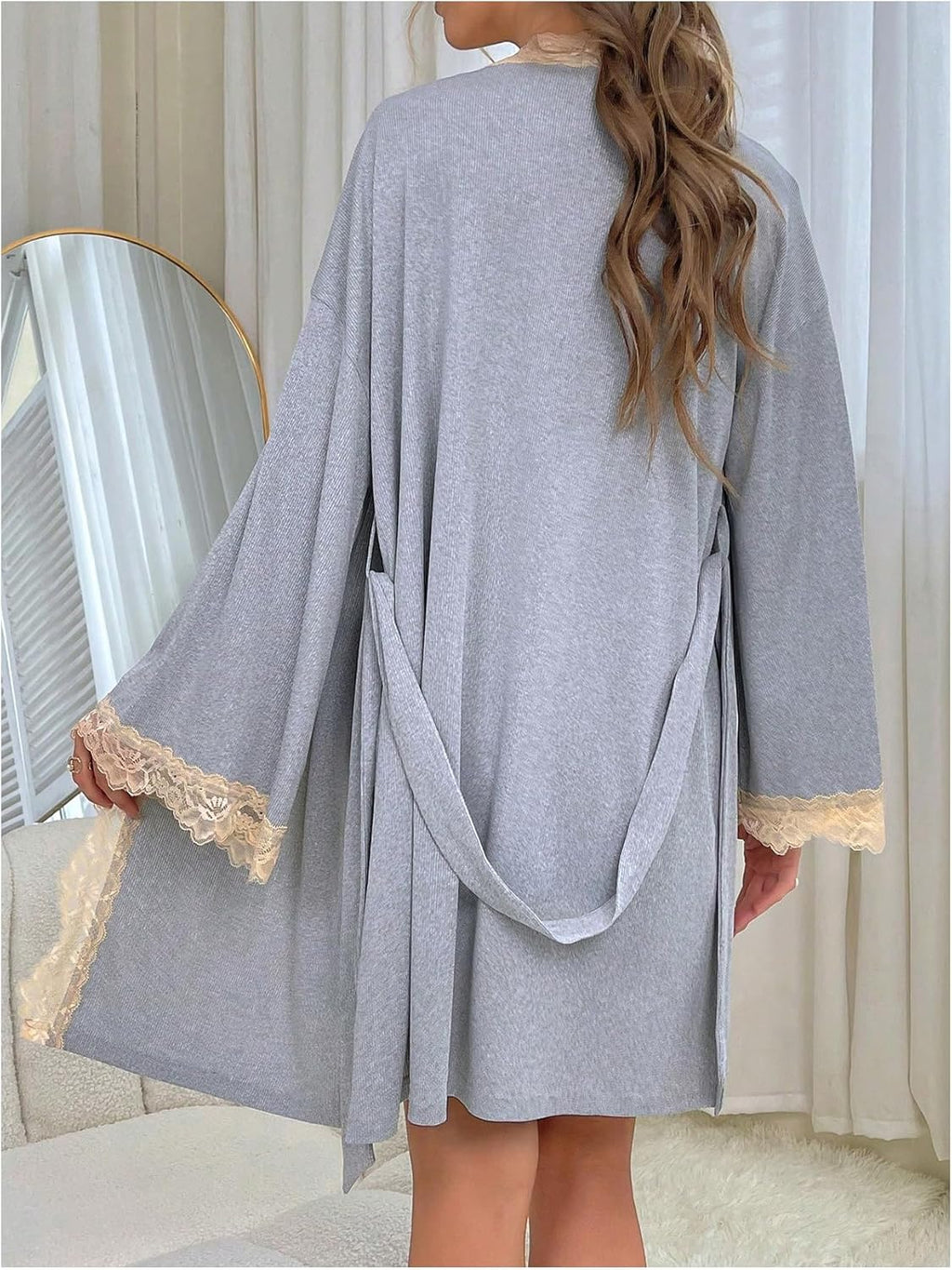 Women's 2 Piece Robe Set Lace Trim Cami Nightgown and Long Sleeve Kimono Pajama Sets